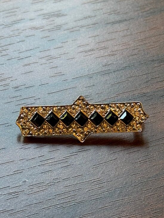 Art Deco 89 Jewelry - Very Rare Art Deco 89 Brand Black Rhinestone Bar Brooch Pin